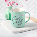 "An Amazing Woman" Teal Ceramic Coffee Mug with Decorative Vase and Pink Flowers 
