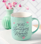 "An Amazing Woman" Teal Ceramic Coffee Mug with Decorative Vase and Pink Flowers 