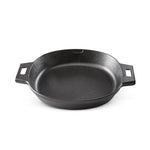 Large, black cast iron skillet with handles on a white background.