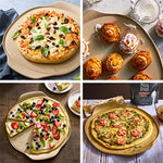 Collage of various pizzas and pastries on a large, round pizza stoneware.