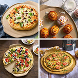 Collage of various pizzas and pastries on a large, round pizza stoneware.