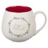 White mug with red interior, 'Joy to the World' design, on a white background