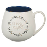 White mug with 'O Holy Night' text and navy interior on a white background