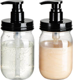 Two BPA-free, plastic mason jar soap dispensers with black pumps on a white background.