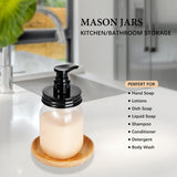 Mason jar soap dispenser on a kitchen counter with text about its uses.