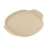 Medium, beige pizza stoneware with two handles on a white background.