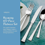 Mikasa Harmony 65-piece flatware set on a blue and green marble surface with text describing the product.