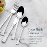 Silver cutlery set on a marble surface with text about the quality of the stainless steel.