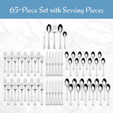 65-piece silverware set with serving pieces on a white background