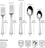 Measurement chart of Harmony cutlery set with utensils labeled and dimensions.