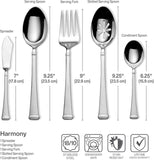Measurement chart of cutlery including a knife, spreader, serving spoon, fork, slotted serving spoon, and condiment spoon with dimensions and features listed.