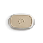 Rectangular, mini-deep stoneware covered baking dish with a logo on a white background.