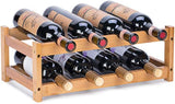 Bamboo, wooden wine rack holding eight bottles of red wine on a white background.