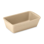 Beige, rectangular, natural stoneware bread baking loaf pan on a white background.
