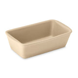 Beige, rectangular, natural stoneware bread baking loaf pan on a white background.