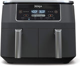 Ninja air fryer with digital display on a white background.
