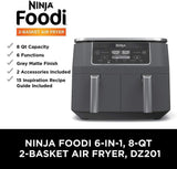 Ninja Foodi 2-basket Air Fryer with features listed on a white background.