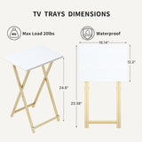 Dimensions and specifications of TV trays with a white tray and wooden frame on a white background.
