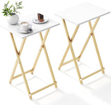 Two small folding tables with white tops and wooden legs on a white background.