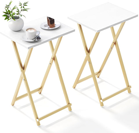 Two small folding tables with white tops and wooden legs on a white background.
