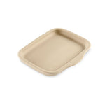 Small, beige, rectangular, stoneware bar pan on a white background.