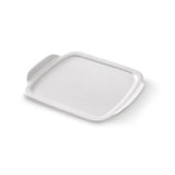 White, square stoneware serving tray on a white background.