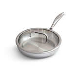 Stainless steel frying pan with lid on a white background.