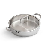 Stainless steel pot with lid on a white background.