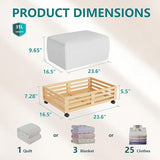 Product dimensions chart of under bed, bamboo storage drawers with garment container and folded items for capacity illustration.