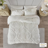 White, cotton bedding duvet cover with pillow shams. Ceiling view and OEKO-TEX statement on bottom right corner.