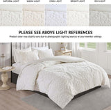 White textured comforter on a bed with light references at the top.