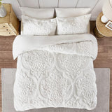 White textured duvet cover set on a bed in a bedroom setting. Ceiling view.