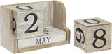 Wooden calendar blocks with numbers and month/day/year display on a white background.