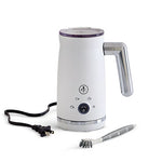 White electric milk frother with attachments on a white background.