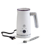 White electric milk frother with attachments on a white background.